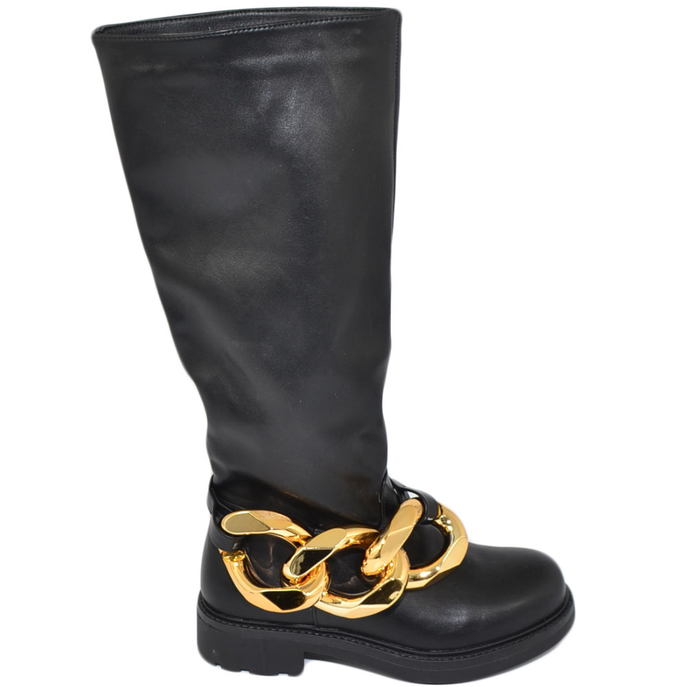 Stivali donna chelsea combat pelle nero alto ginocchio gambale con catena grande oro rimovibile elastico polpaccio zip
