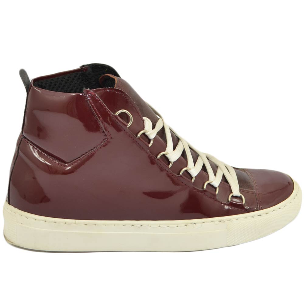 Sneakers alta donna bordeaux con lacci moda gangster vera pelleliscia fondo alto bianco street vintage