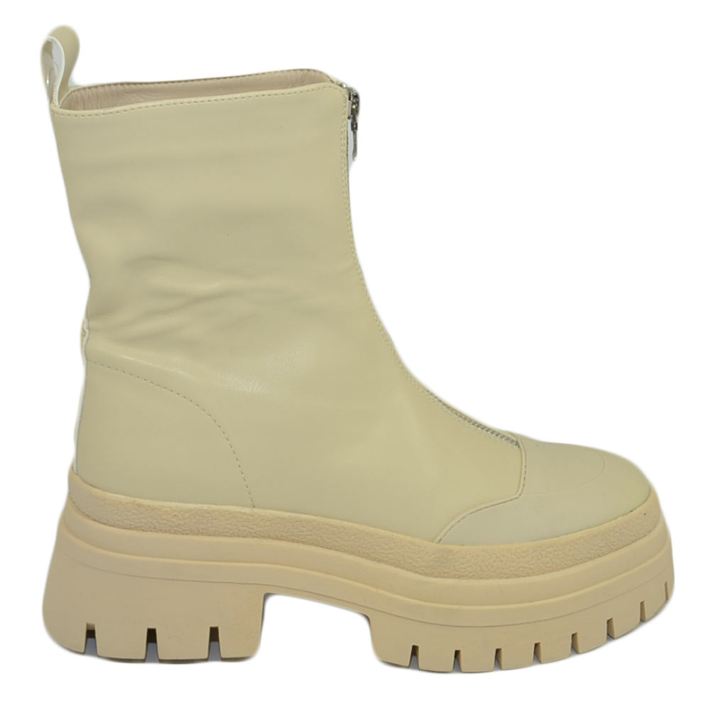 Stivale anfibio donna platform zip frontale boots combat gommato beige impermeabile fondo alto carrarmato moda tendenza