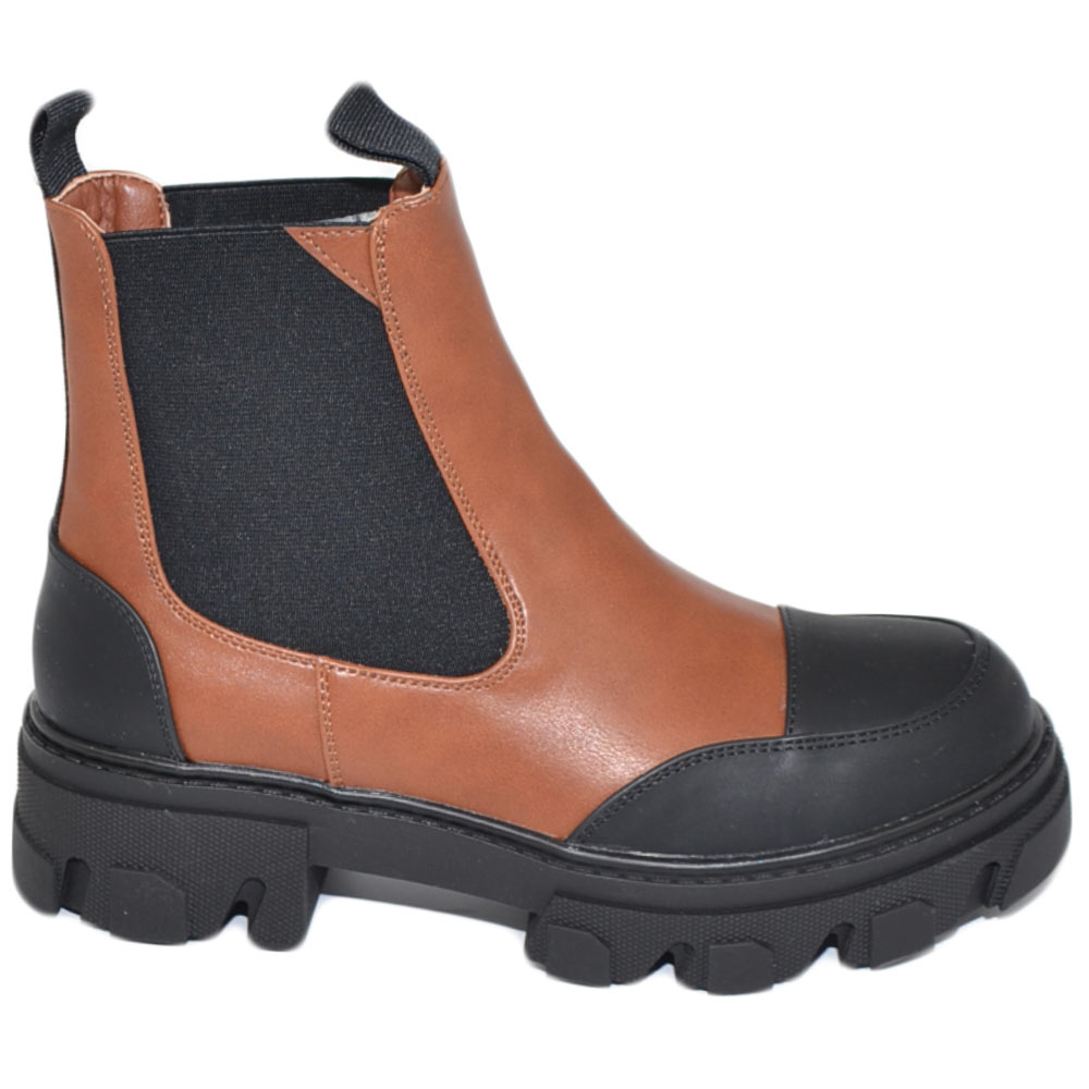Stivaletti donna platform boots combat bicolore cuoio punta nero gommato impermeabile fondo alto zip elastico tendenza.