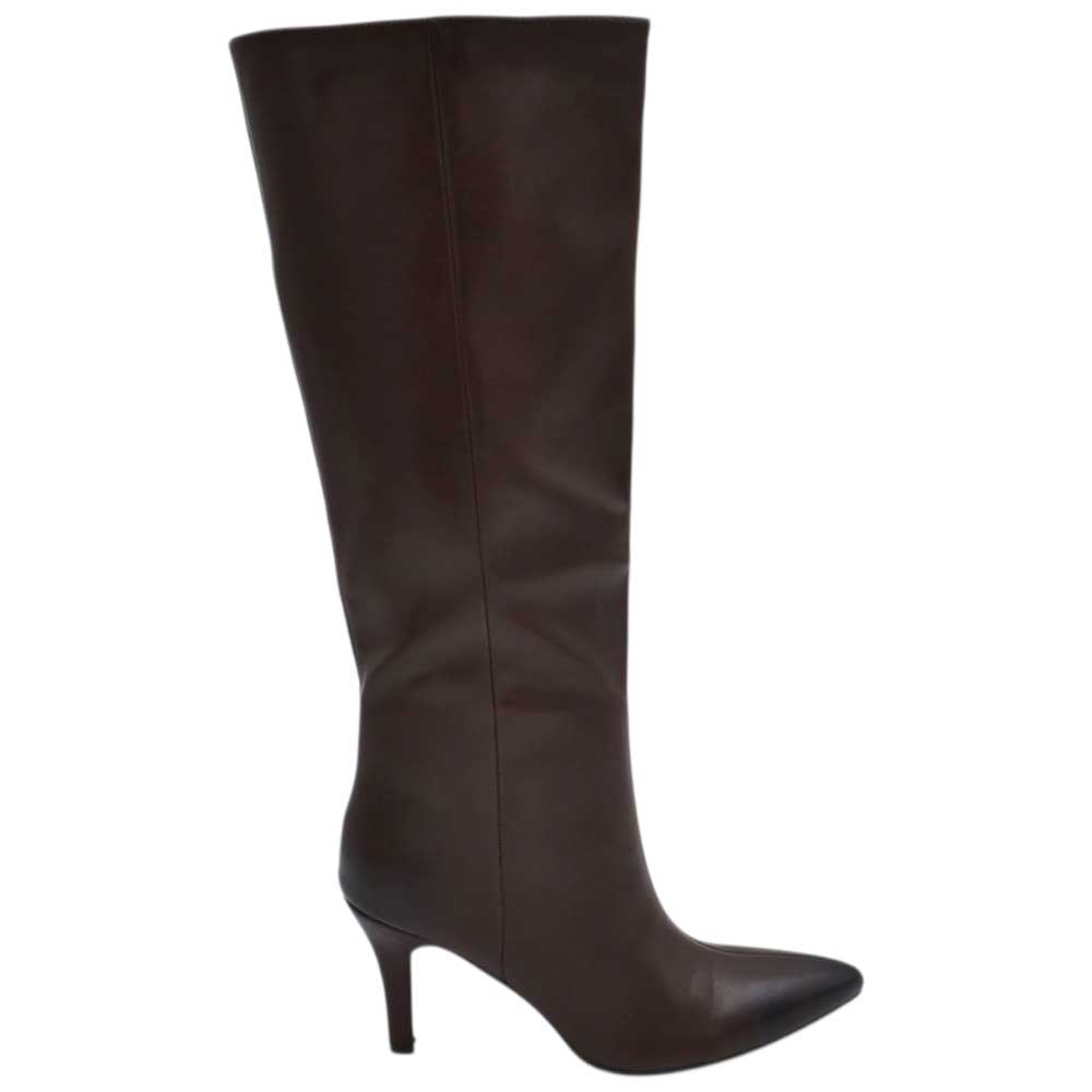 Stivali alti donna al ginocchio in pelle marrone a punta tacco a spillo 9 cm zip lunga aderente moda linea Basic.