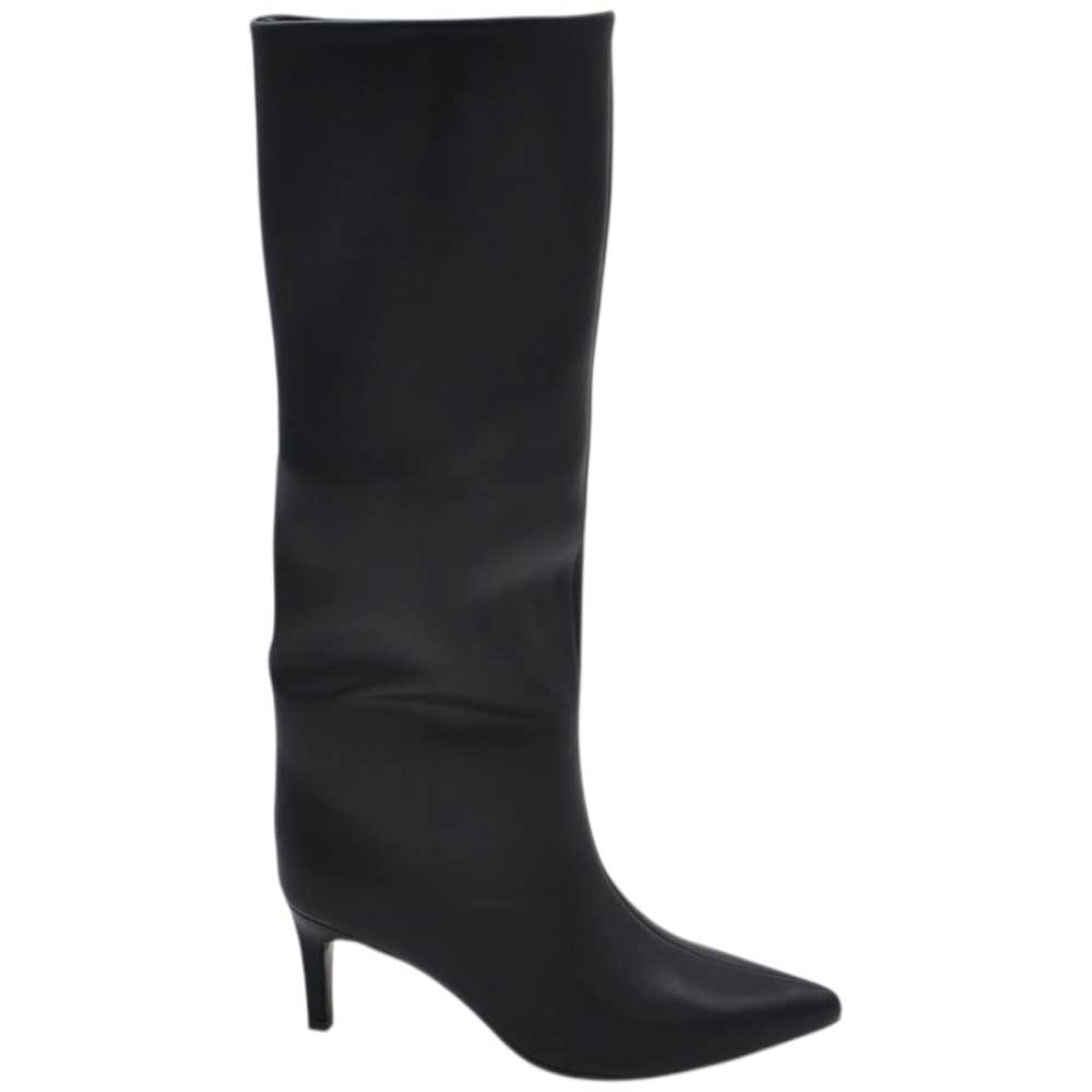 Stivali alti donna al ginocchio in pelle nero a punta tacco a spillo 8 cm zip lunga aderente moda linea Basic.