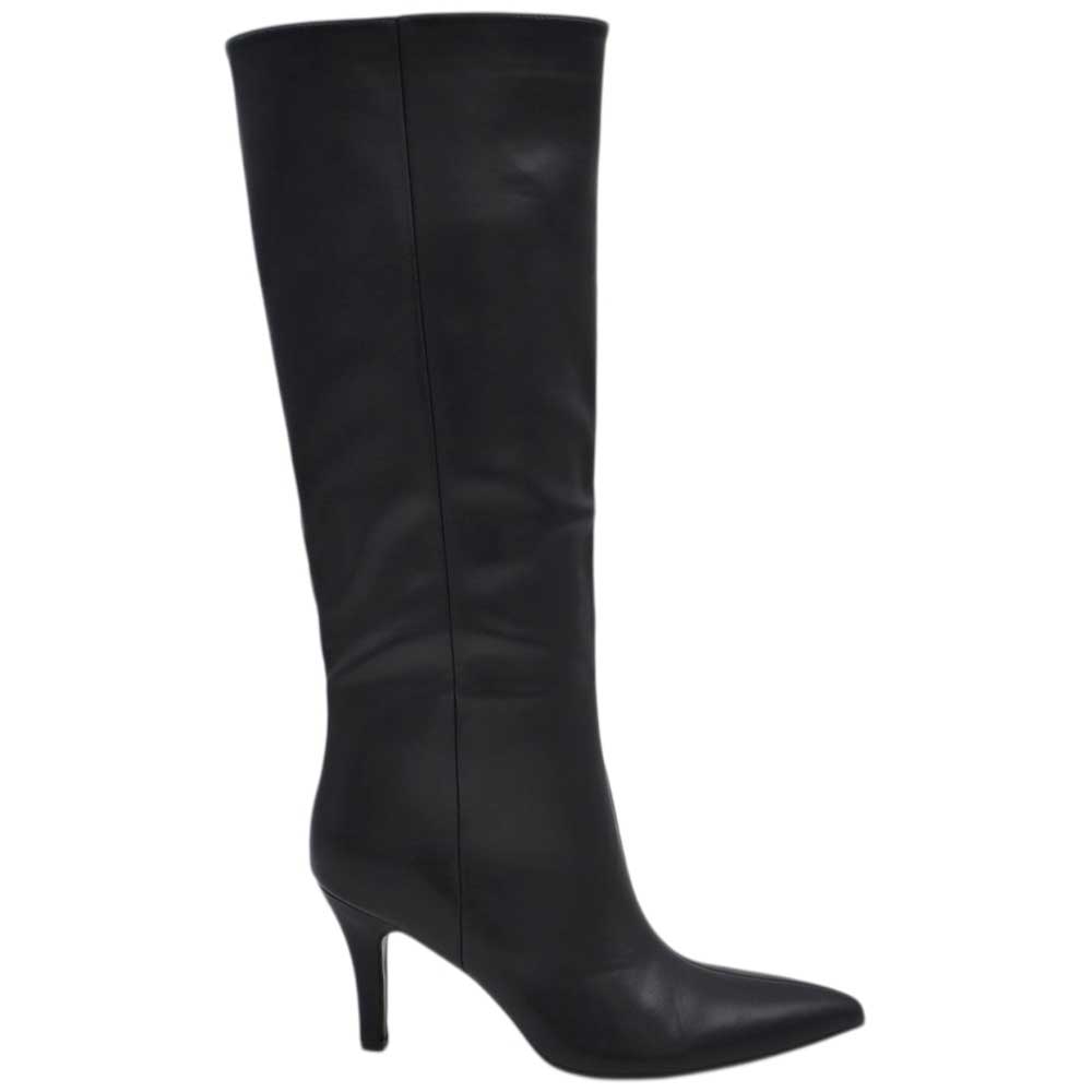 Stivali alti donna al ginocchio in pelle nero a punta tacco a spillo 9 cm zip lunga aderente moda linea Basic.