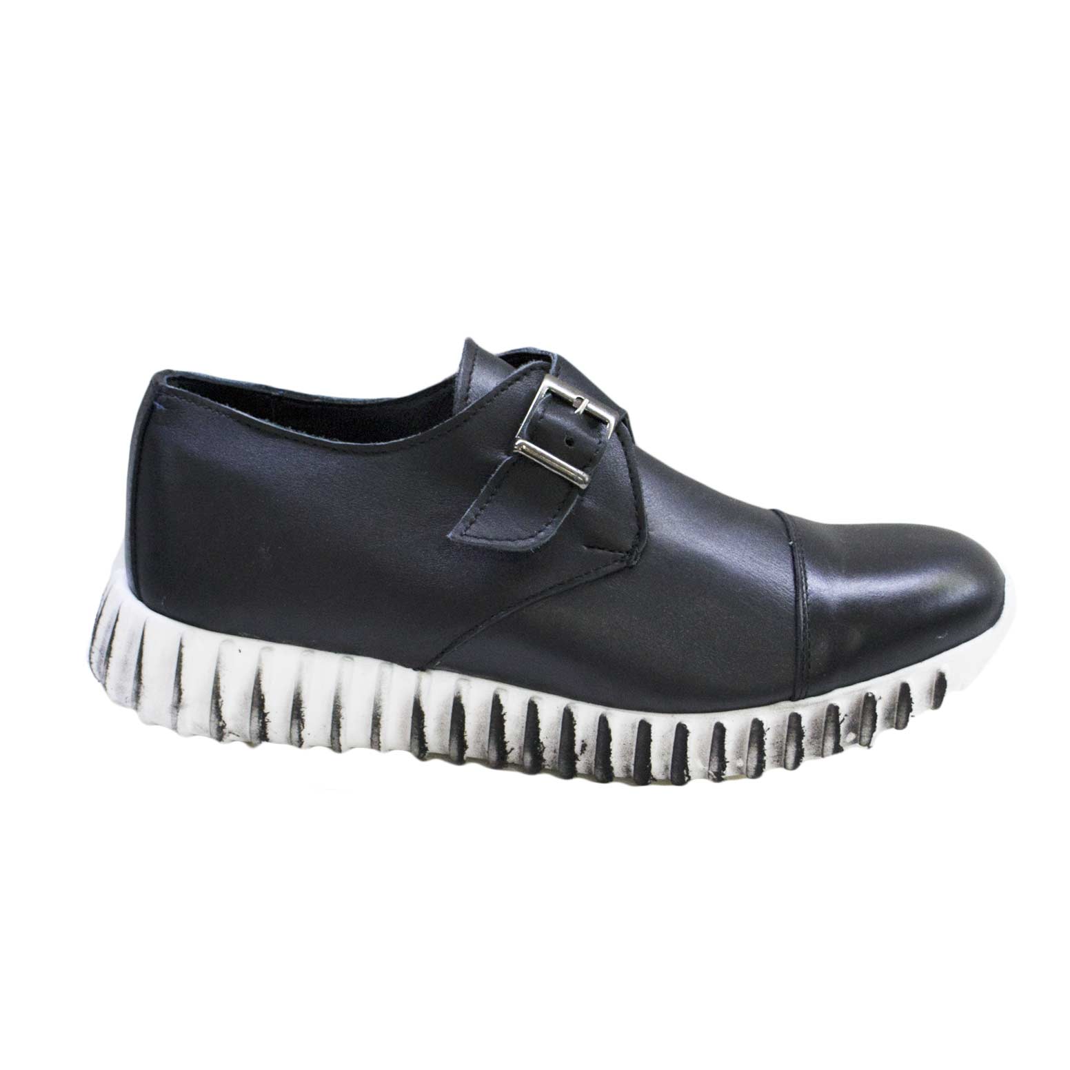 Sneakers bassa stringata fibbia nero art 901 vera pelle made in italy fondo antiscivolo effetto sporco running