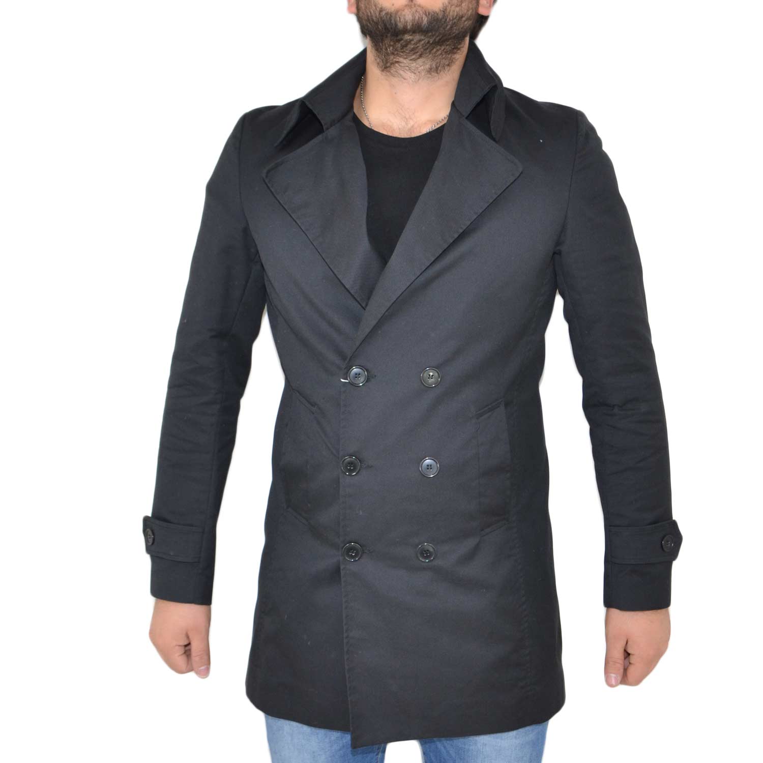 CAPPOTTO TRENCH UOMO INVERNALE ART 0123 NERO MADE IN ITALY ELEGANTE BOTTONI  E TASCHE uomo cappotti made in italy