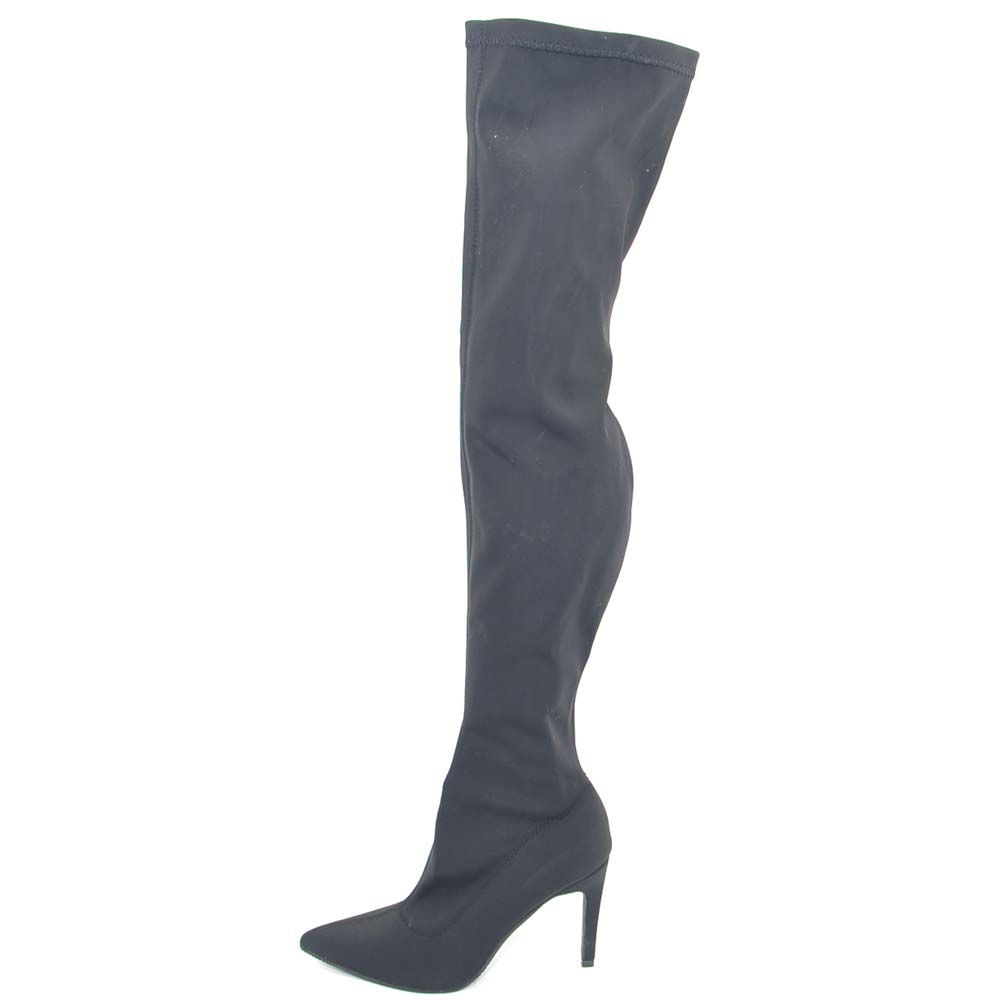 STIVALI DONNA ALTI IN ELASTENE NERA A PUNTA CON TACCO A SPILLO ALTEZZA SOPRA AL GINOCCHIO ZIP LATERALE MODA TENDENZA 