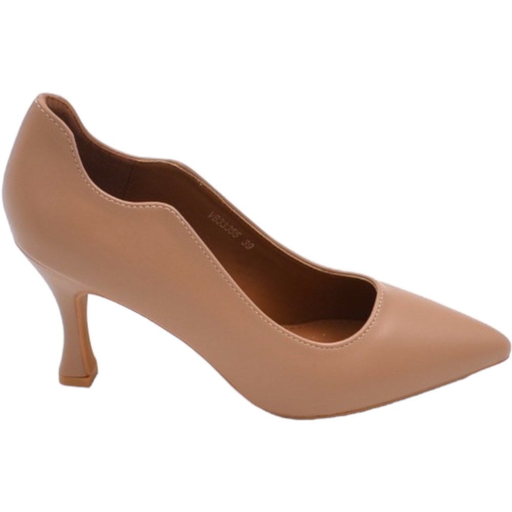Decollete' scarpa donna a punta in pelle beige opaca con tacco cono 7 cm e bordo asimmetrico comoda stabile.
