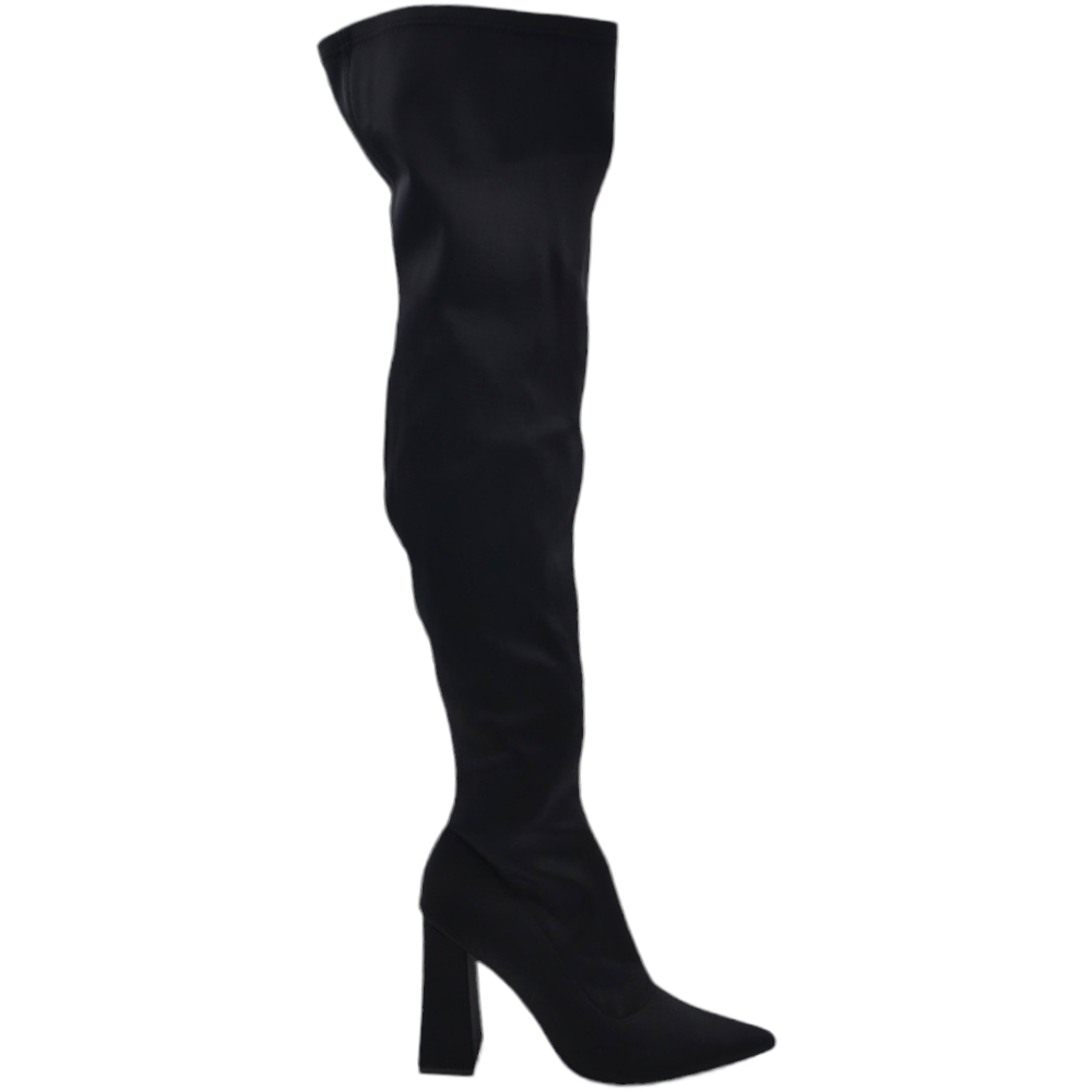 Stivali donna a punta licra effetto calza sopra al ginocchio nero con tacco largo alto aderenti sexy.