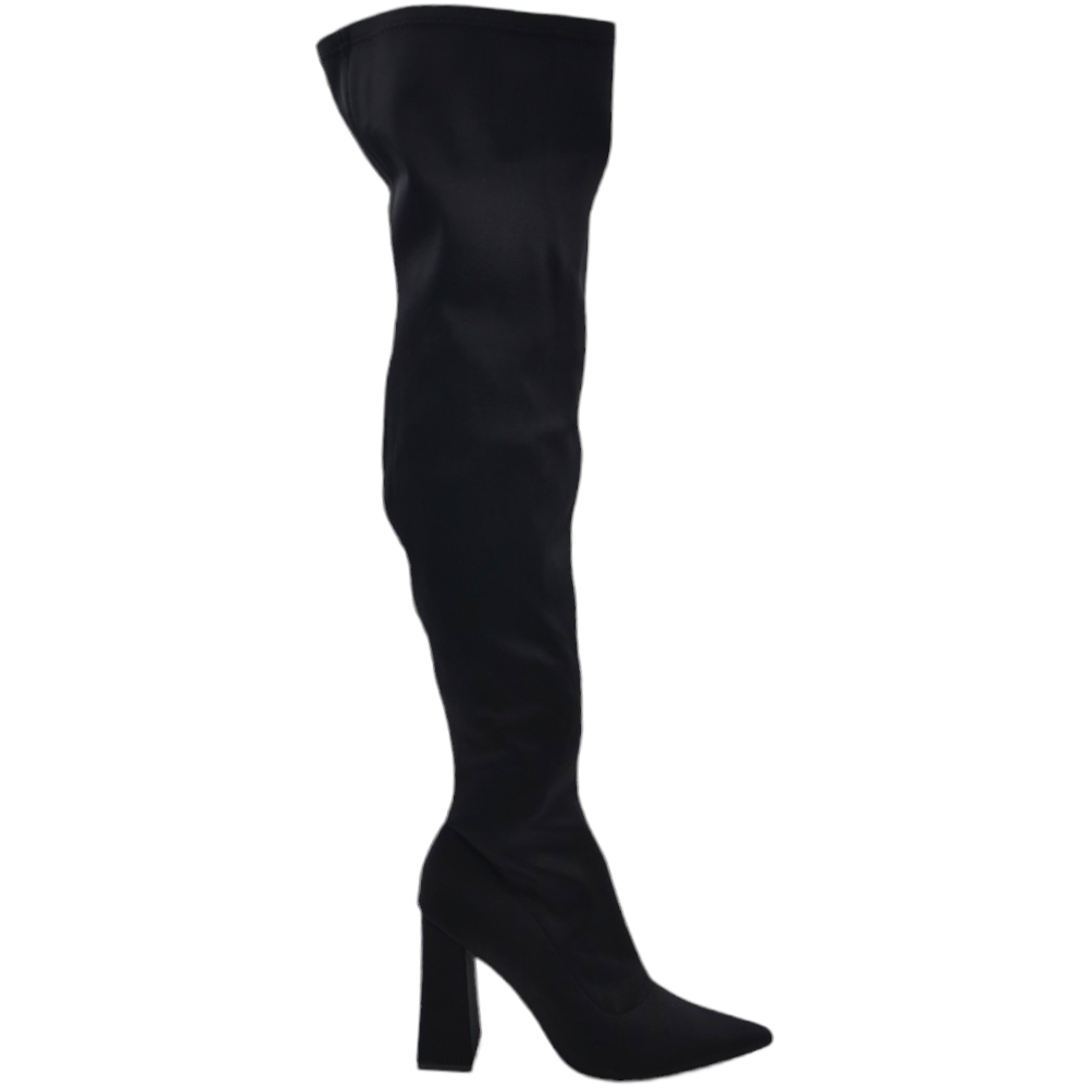 Stivali donna a punta licra effetto calza sopra al ginocchio nero con tacco largo alto aderenti sexy