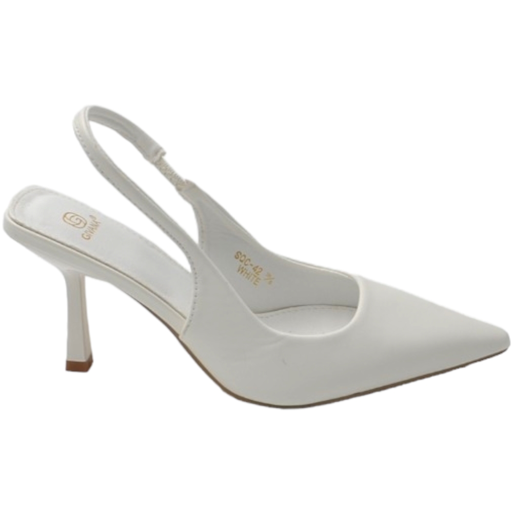 Scarpe decollete slingback donna elegante punta in ecopelle opaca bianca tacco 10 cm cerimonia cinturino retro tallone.