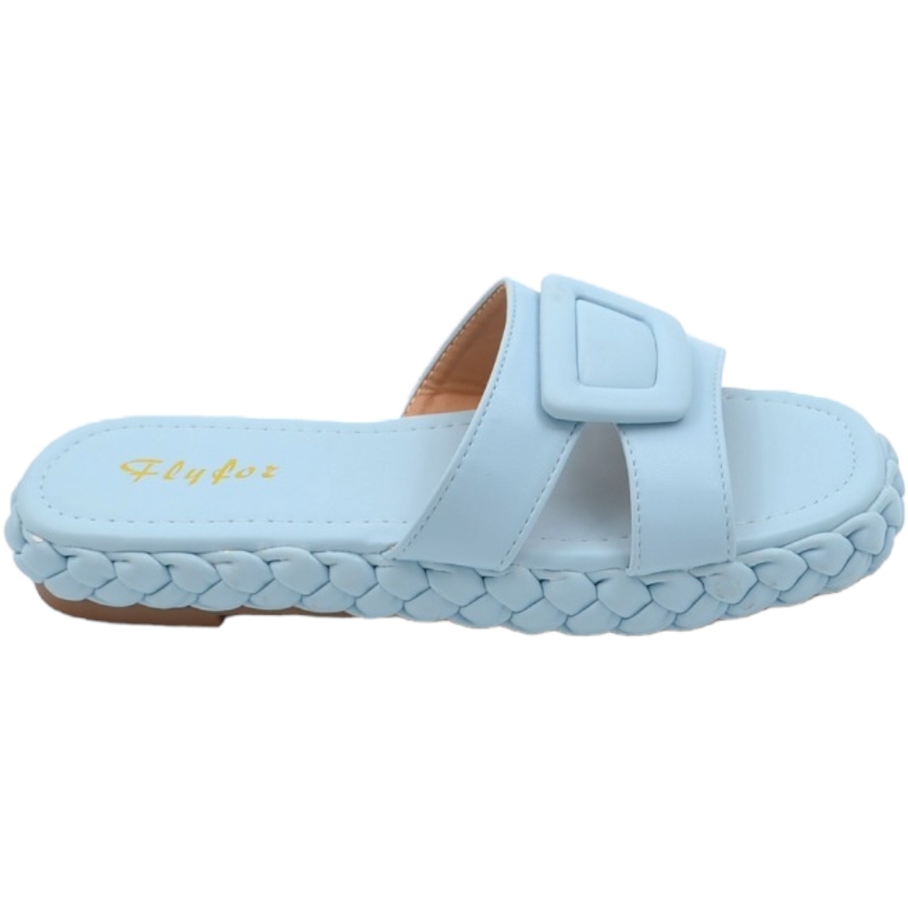 Ciabatta pantofola donna azzurro polvere estiva in gomma morbida treccia impermeabile con fascia larga.