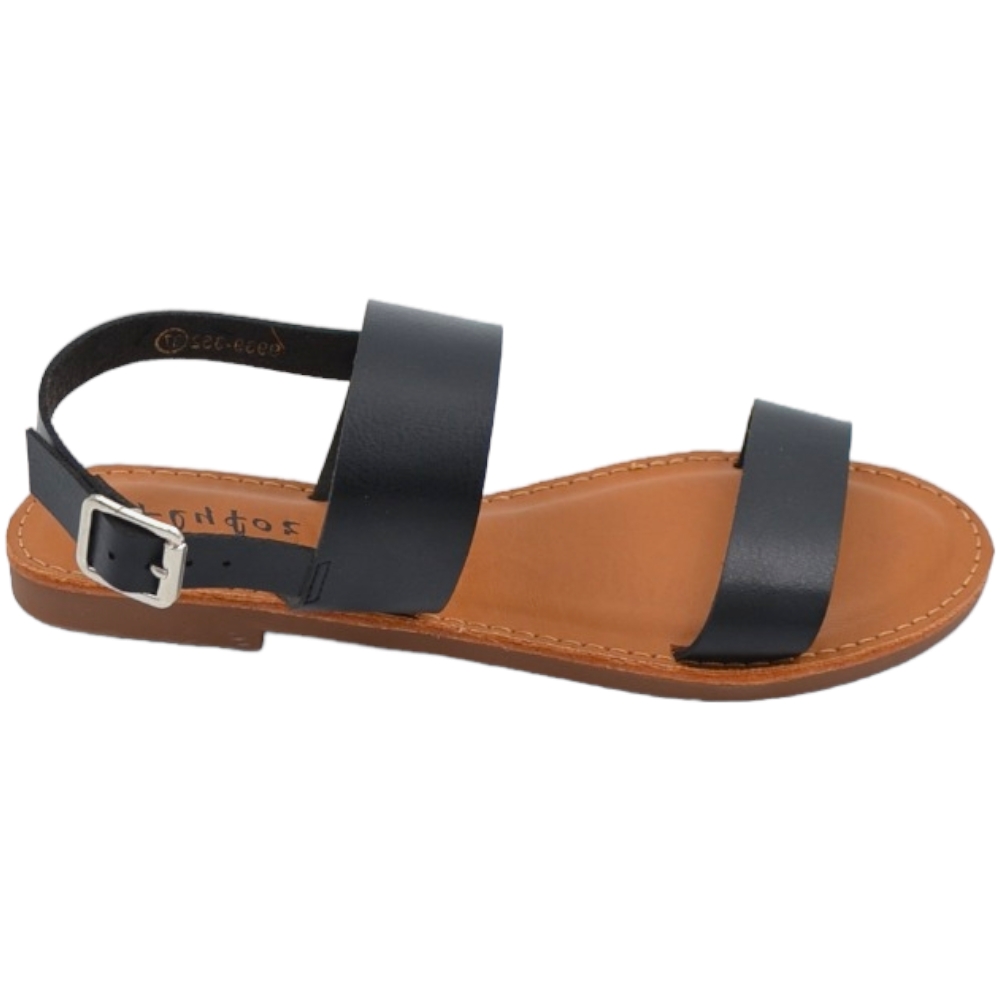 Sandalo basso nero due fasce in morbida pelle cinturino alla caviglia fondo antiscivolo comoda estate.