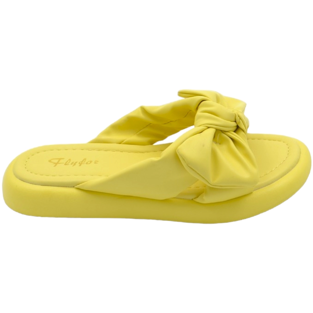 Ciabatta pantofola donna giallo estiva in gomma morbida impermeabile con fiocco.