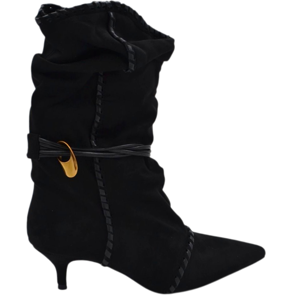 Stivaletto tronchetto donna a punta arricciato camoscio nero con coulisse oro removibile tacco kitten 3 cm.