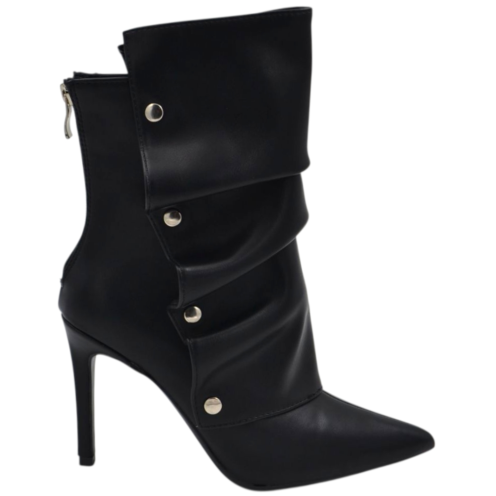 Stivaletto tronchetto donna a punta arricciato pelle nero con bottoni argento removibile tacco spillo cm