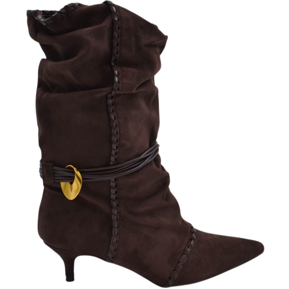 Stivaletto tronchetto donna a punta arricciato camoscio marrone con coulisse oro removibile tacco kitten 3 cm