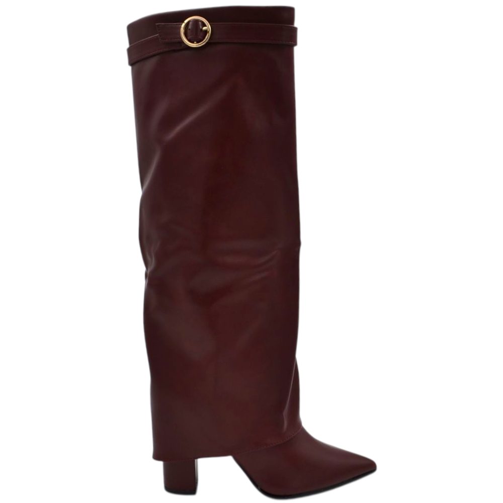 Stivali donna al ginocchio shark a punta in pelle bordeaux risvolto cerchio oro tacco largo 10 zip interna nascosta