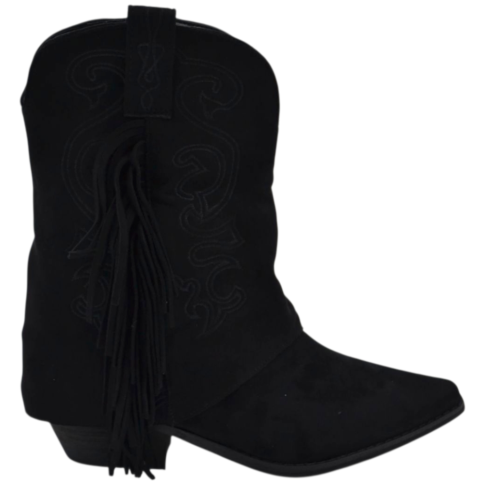 Stivaletti donna tronchetti shark a punta in camoscio nero risvolto con frange cuciture tacco western 5 cm .