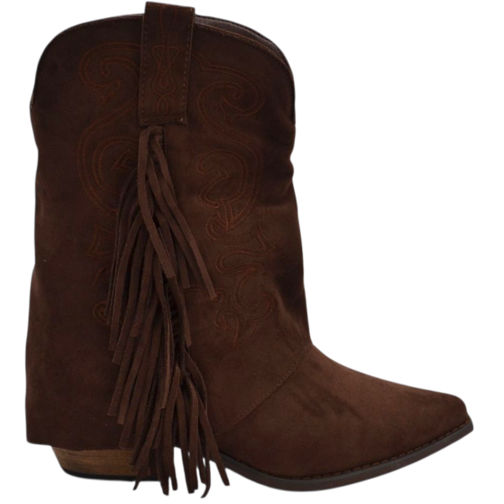 Stivaletti donna tronchetti shark a punta in camoscio marrone risvolto con frange cuciture tacco western 5 cm