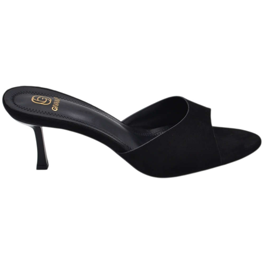 Sandalo tacco donna nero camoscio con fascia larga avvolgente tacco sottile 7 cm open toe.