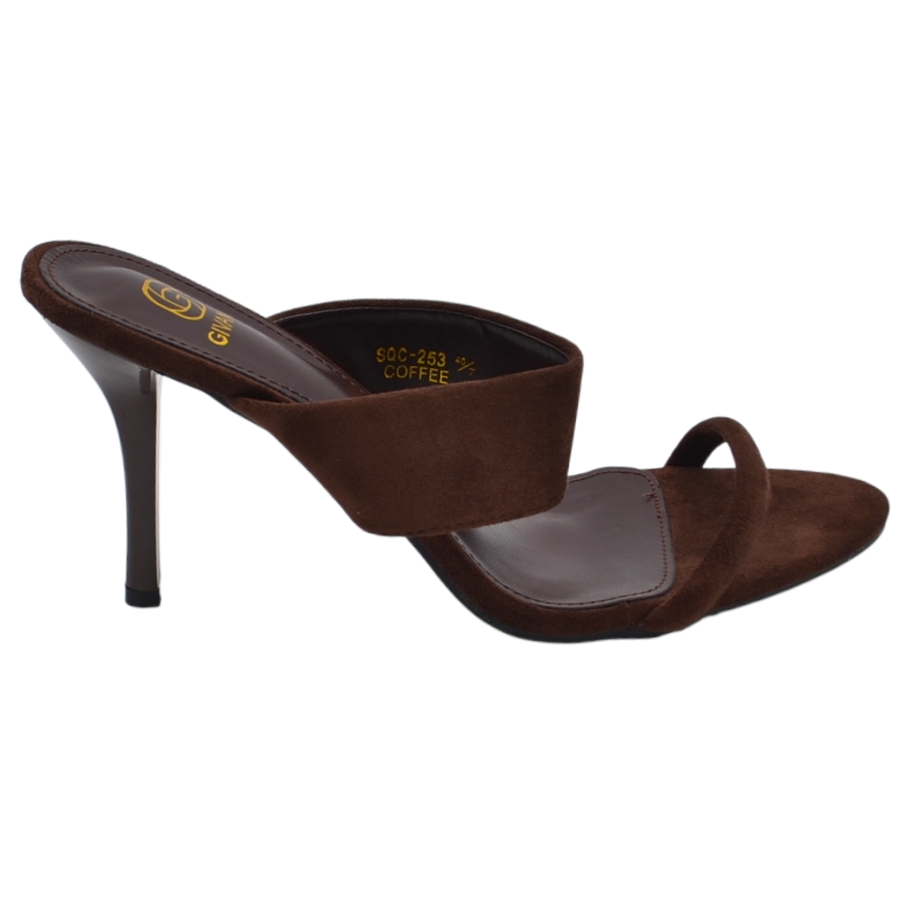 Sandalo donna tacco aperto dietro in camoscio marrone con doppia fascia su collo piede tacco a spillo 10 cm