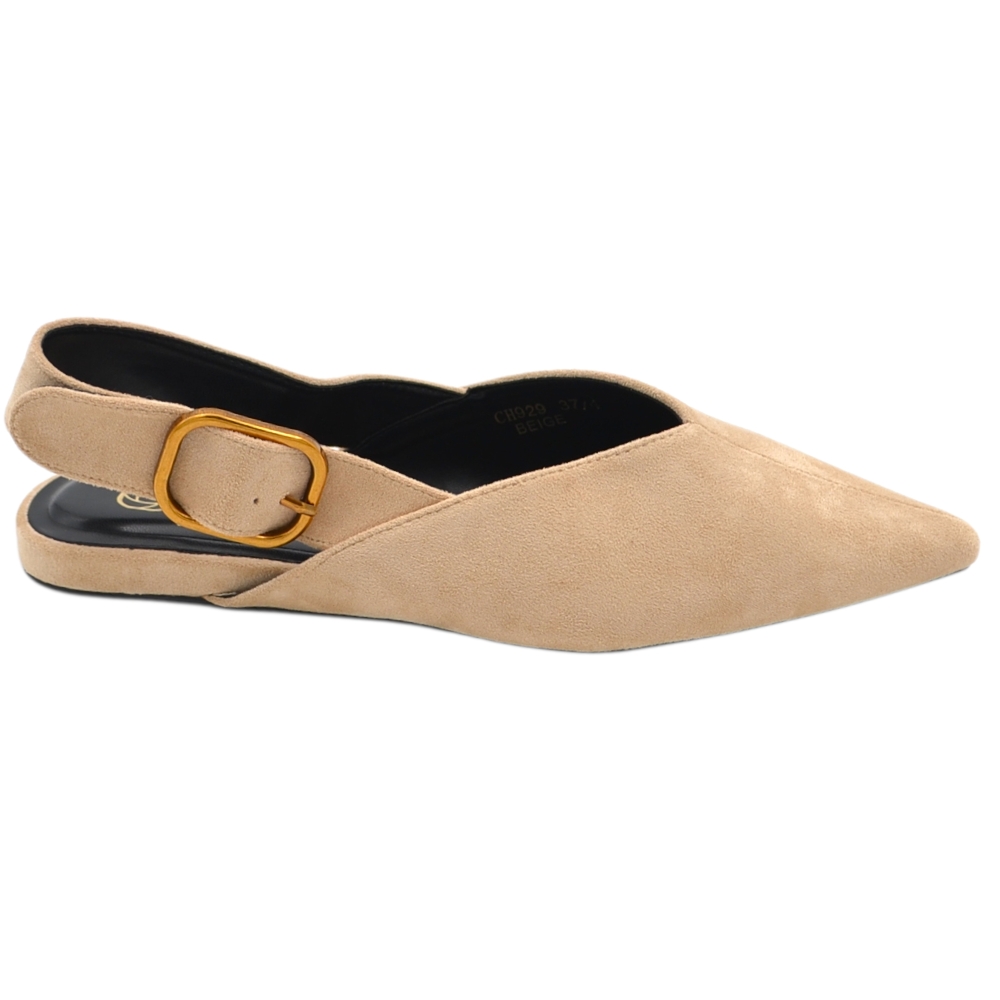 Scarpe ballerine donna a punta slingback con fibbia dorata in pelle scamosciata beige raso terra 