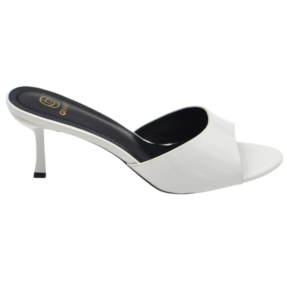 Sandalo tacco donna bianco lucido con fascia larga avvolgente tacco sottile 7 cm open toe