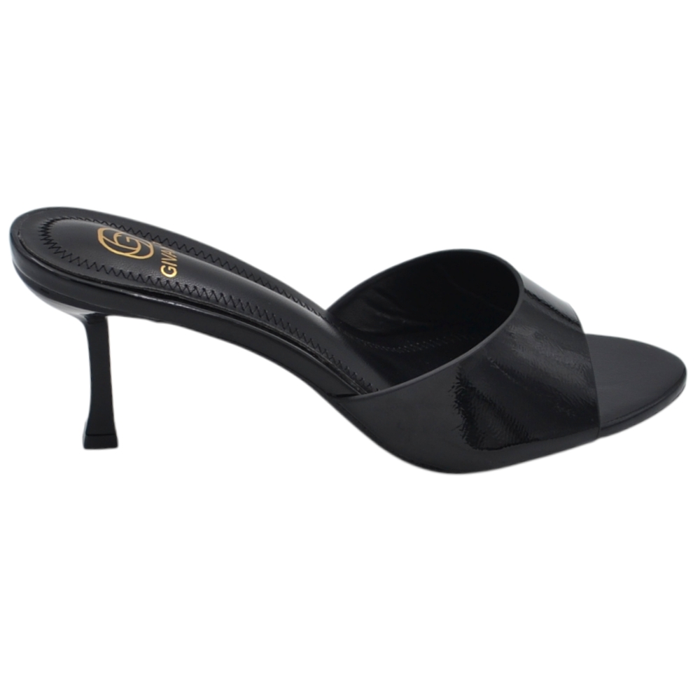 Sandalo tacco donna nero lucido con fascia larga avvolgente tacco sottile 7 cm open toe