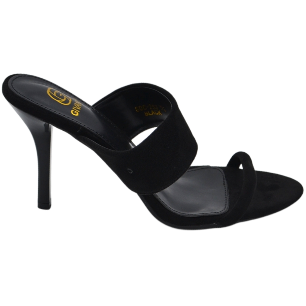 Sandalo donna tacco aperto dietro in camoscio nero con doppia fascia su collo piede tacco a spillo 10 cm