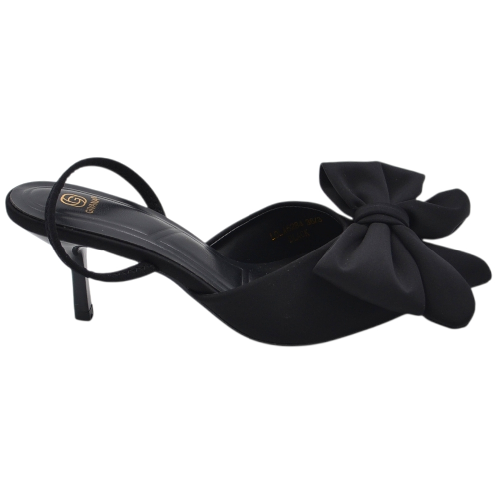 Decollete donna slingback in tessuto rasato nero a punta con fiocco davanti tacco sottile 5 cm