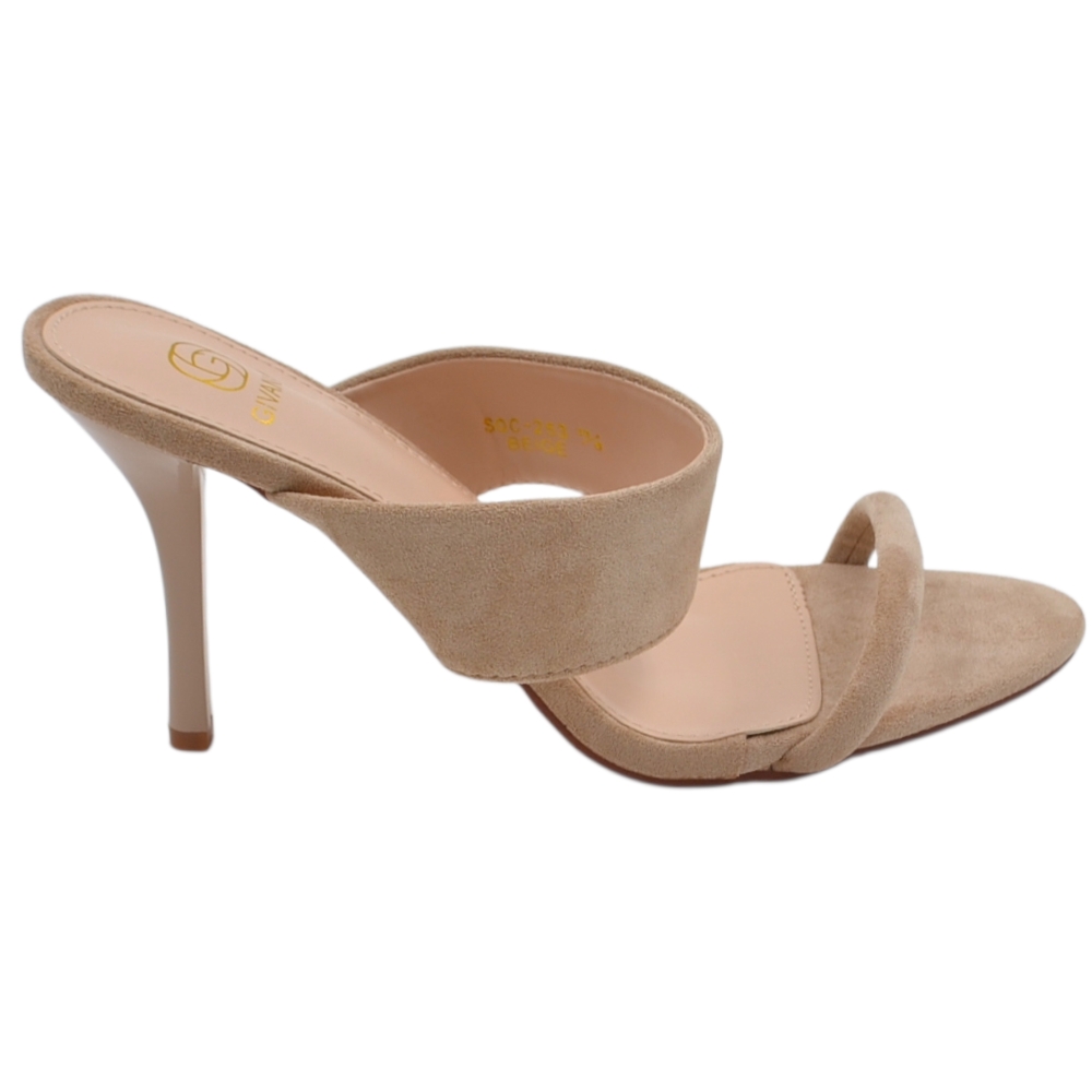 Sandalo donna tacco aperto dietro in camoscio beige con doppia fascia su collo piede tacco a spillo 10 cm