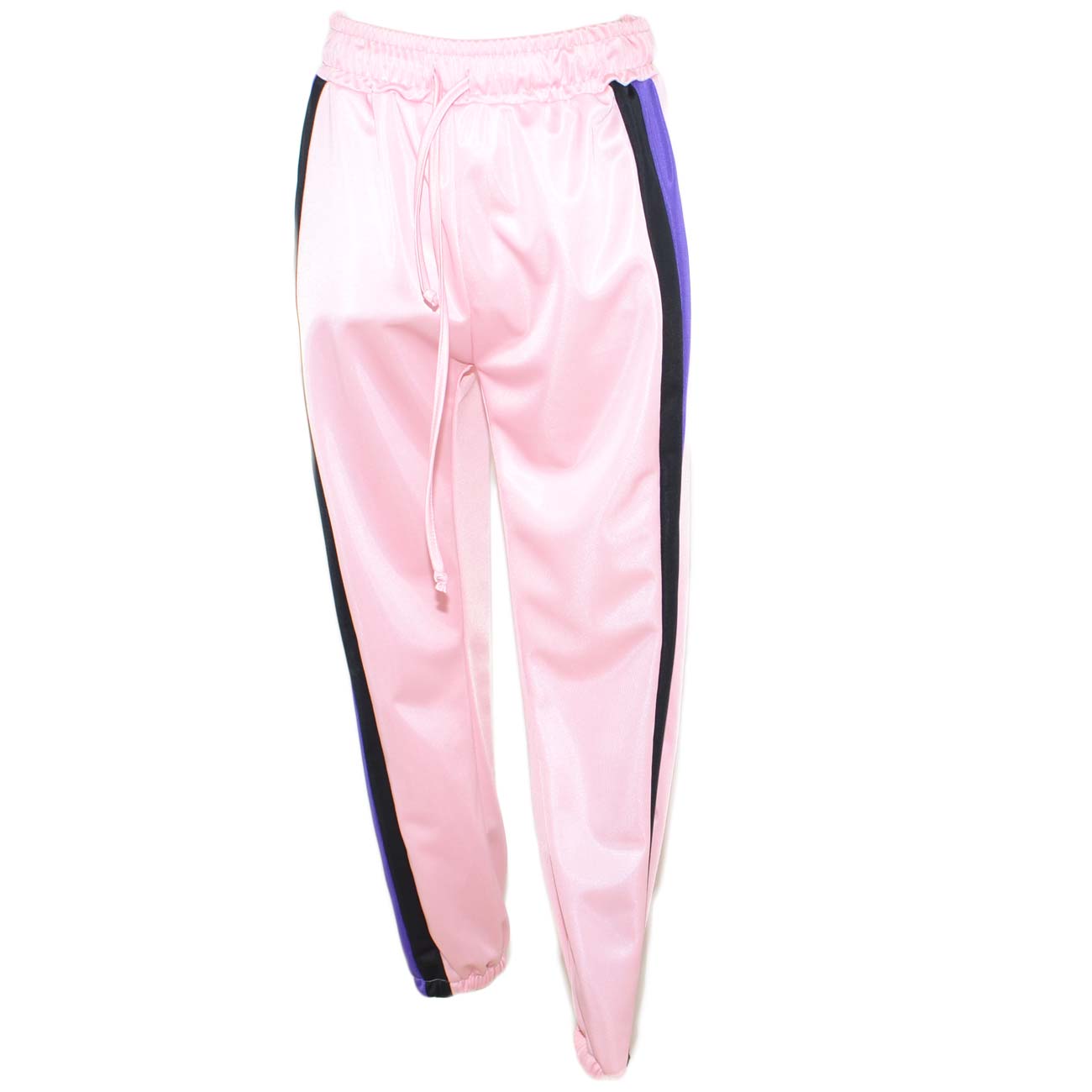 Pantalone tuta donna rosa vita alta con elastico in vita, strisce laterali bi-colore nero viola molla alla caviglia 