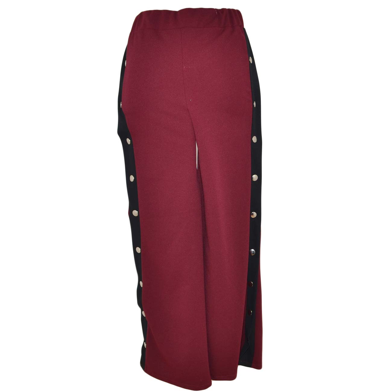 Pantaloni donna bordeaux a palazzo con bottoni laterali oro spacco su coscia e striscia laterale nera moda linea basic