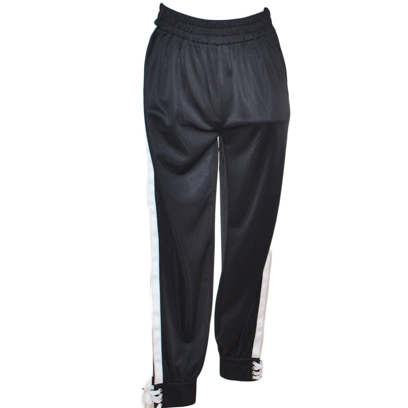 Pantalone tutta donna nero vita alta con elastico in vita  strisce laterali bianche con apertura sul  polpaccio.moda 