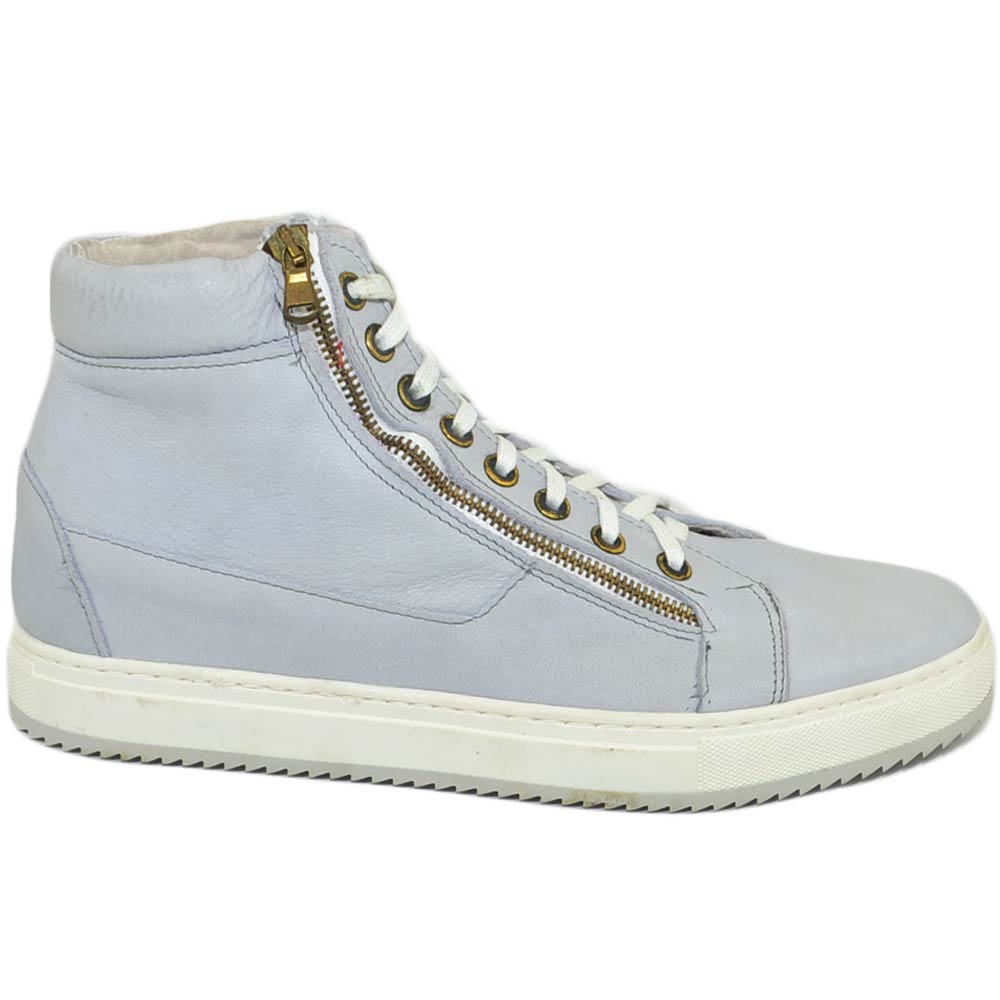 Scarpe uomo sneaker alta con zip ghiaccio lacci casual fondo bianco antiscivolo vera pelle made in italy moda 