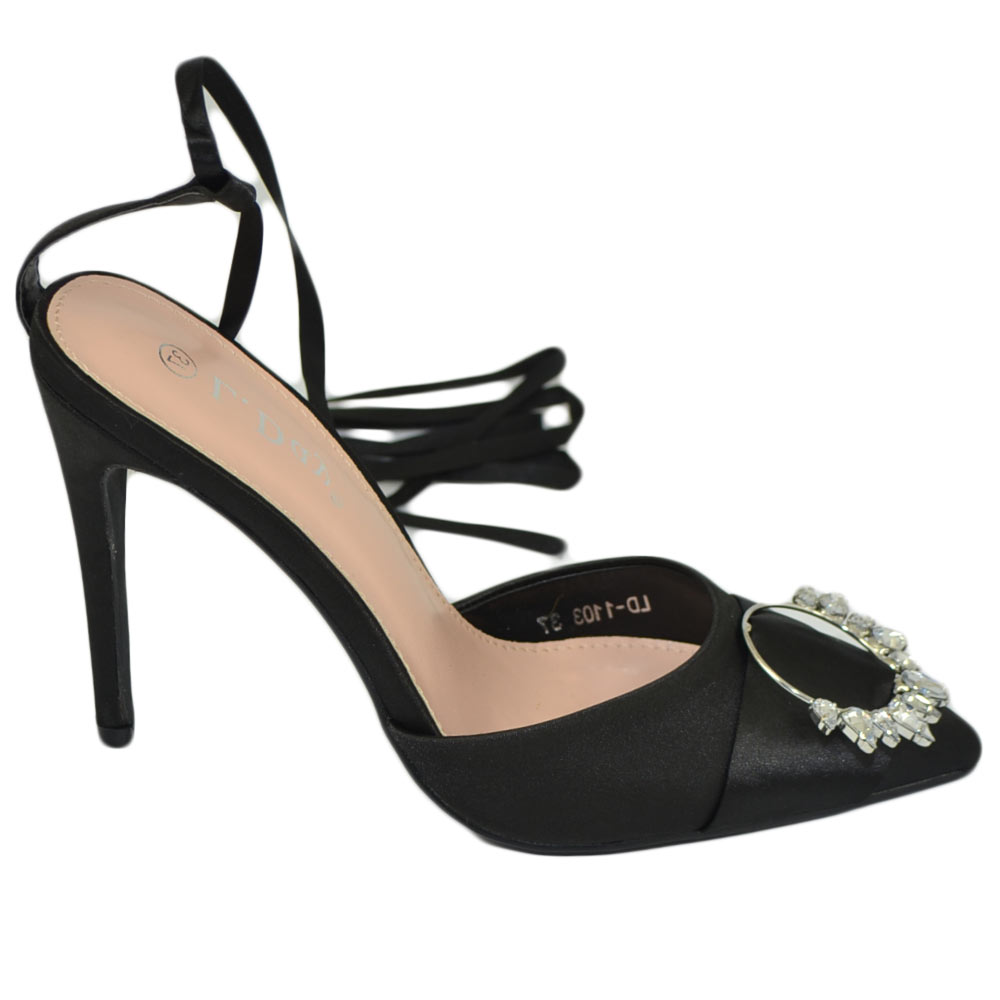 Scarpe decollete donna mary jane gioiello in punta raso nero avorio tacco spillo 12 moda cinturino cerimonia