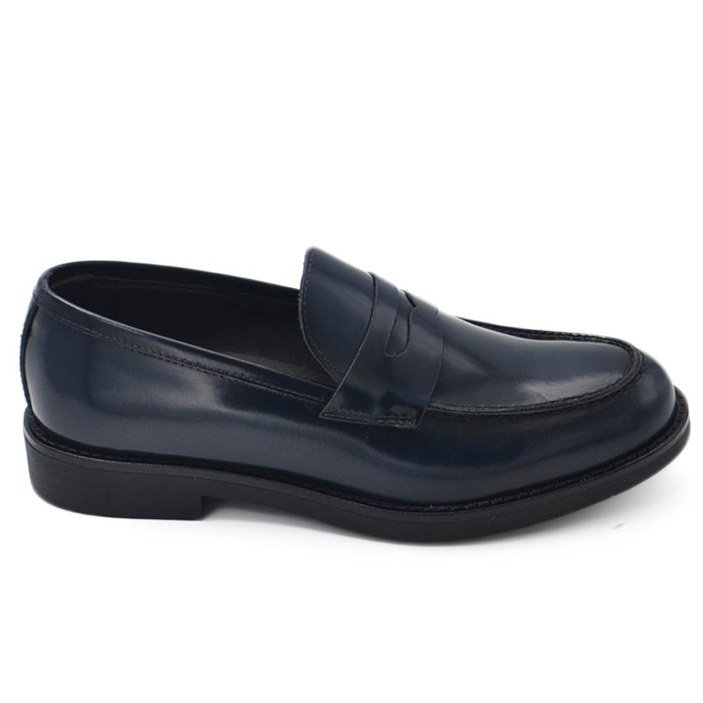 Scarpe mocassino bendina uomo elegante blu vera pelle suola in gomma antiscivolo cerimonia evento