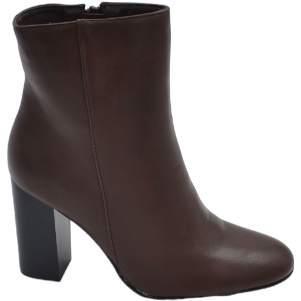 Scarpe tronchetto stivaletto donna  tacco alto largo rondo alla caviglia a punta marrone zip laterale aderente 