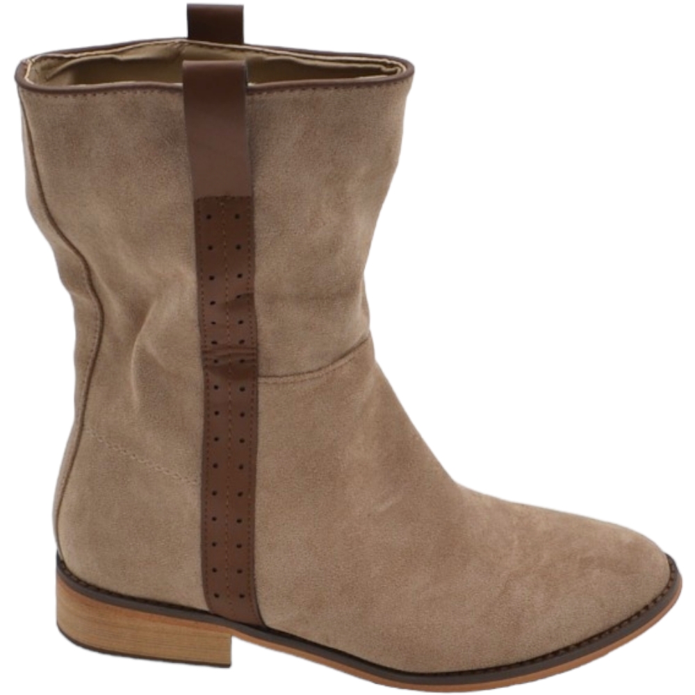 Stivaletto donna in nabuk scamosciato taupe morbido con striscia cuoio gomma bassa antiscivolo moda al polpaccio biker