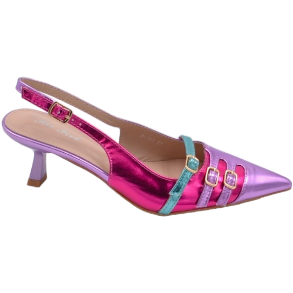 Scarpa decollete' donna punta slingback fucsia satinato con tacco mini 3 cm cinturini regolabili viola verde multicolor.