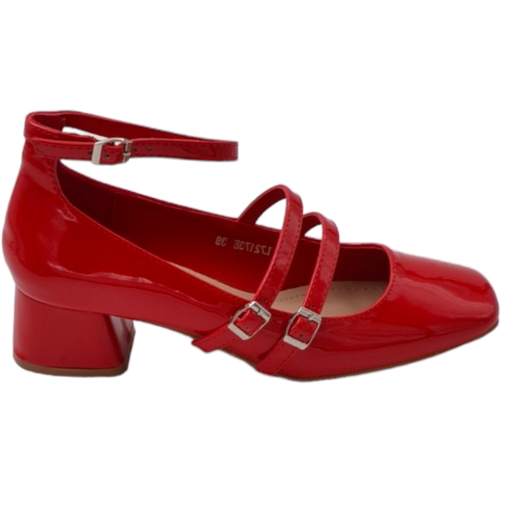 Scarpa ballerina donna punta quadrata con tacco basso 5 cm cinturini regolabili alla caviglia vernice rosso lucido.