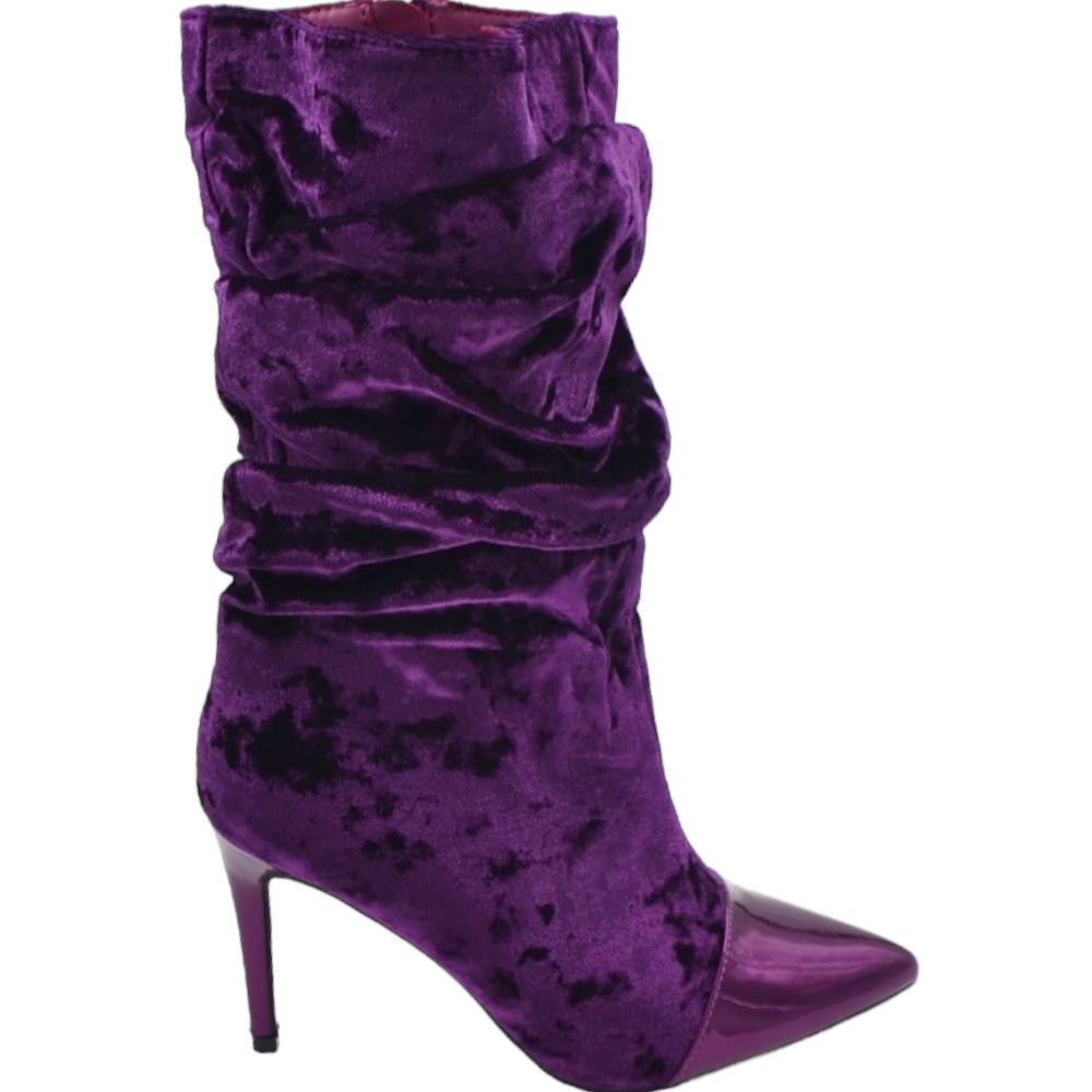 Tronchetto stivaletto viola donna in velluto arricciato punta lucida tacco a spillo 10 al polpaccio con zip .