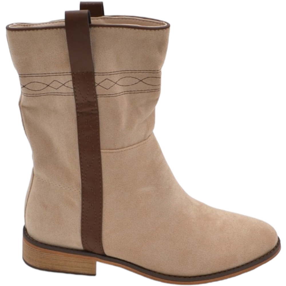 Stivaletto donna in nabuk scamosciato beige morbido con striscia cuoio gomma bassa antiscivolo moda al polpaccio biker