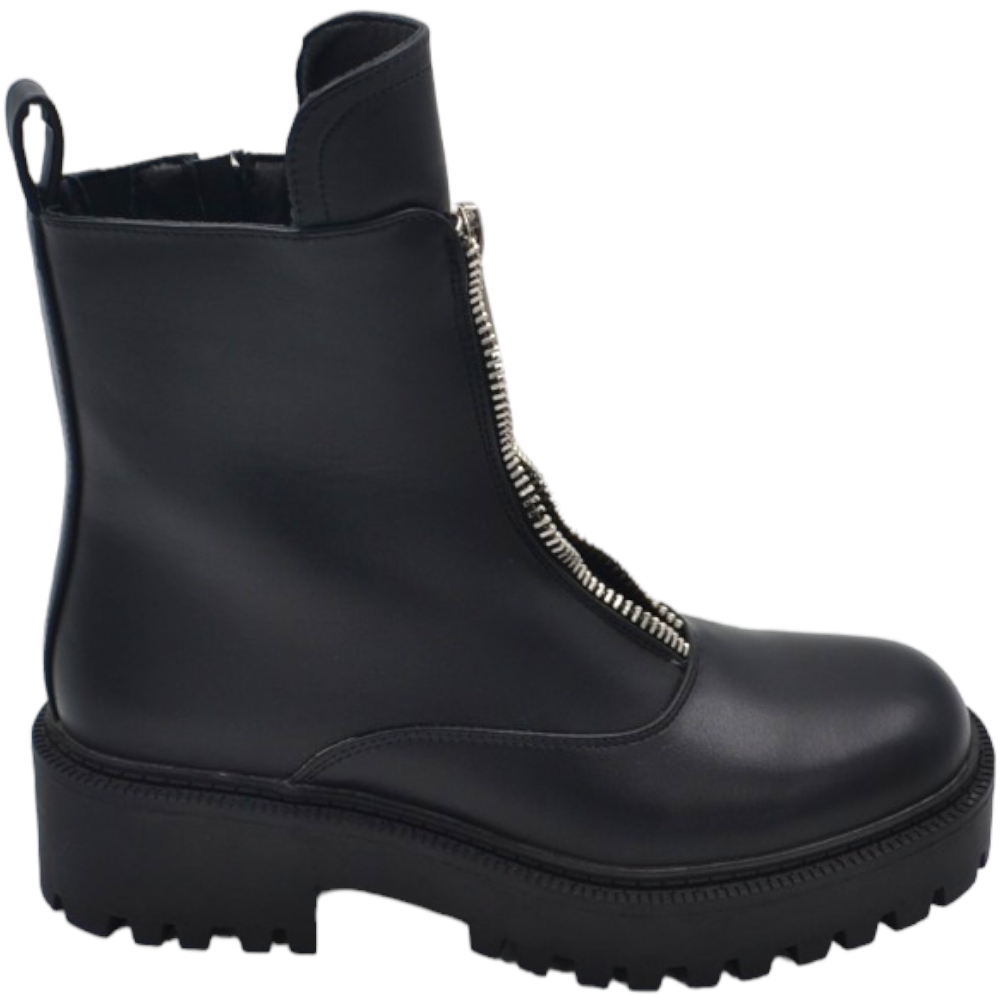 Stivaletto anfibio donna platform combatte nero con doppia zip argento fondo carrarmato alto comodo