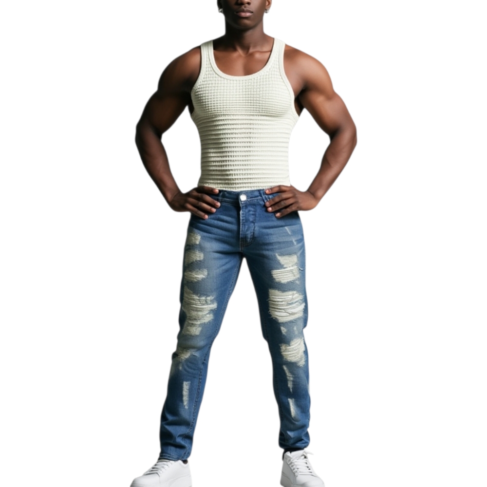 Pantalone Jeans Uomo Denim Rotture Mod Jeans Effetto Sfumato Cinque Tasche Con Rotture Moda Giovanile