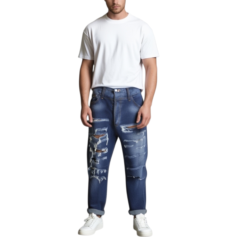 Pantaloni Jeans blu scuro denim biker. Skinny fit. Chiusura con bottone e cerniera strappato moda .