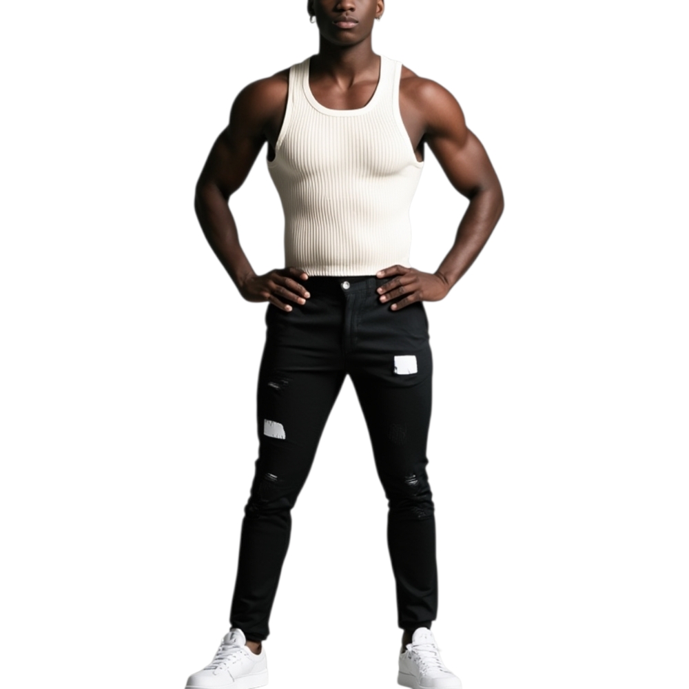 Pantaloni jogger neri uomo con bottone e tasche laterali con strappi e toppe cavallo basso moda giovane