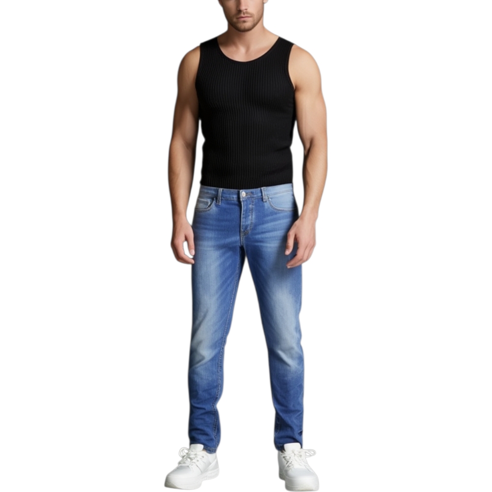 Pantaloni jeans , Skinny Fit con tasca americana . Chiusura con bottone e cerniera..