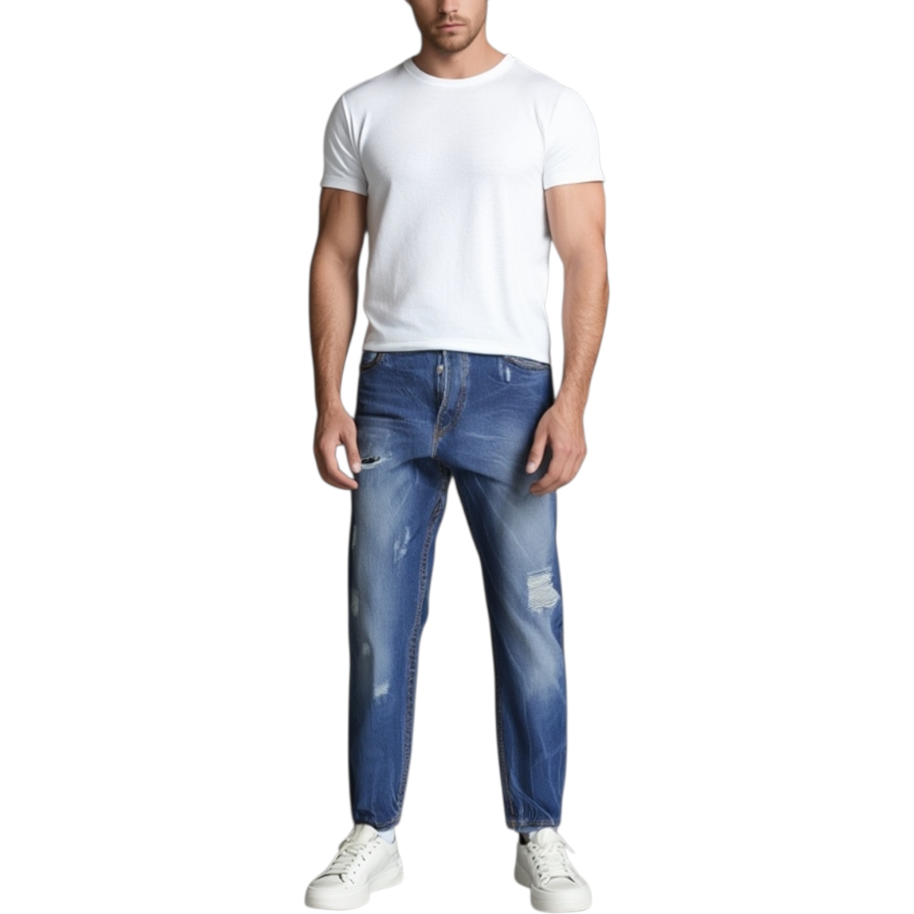 Pantaloni Jeans scuro denim biker. Skinny fit.Chiusura con bottone e cerniera. strappo moda ginocchio glamour