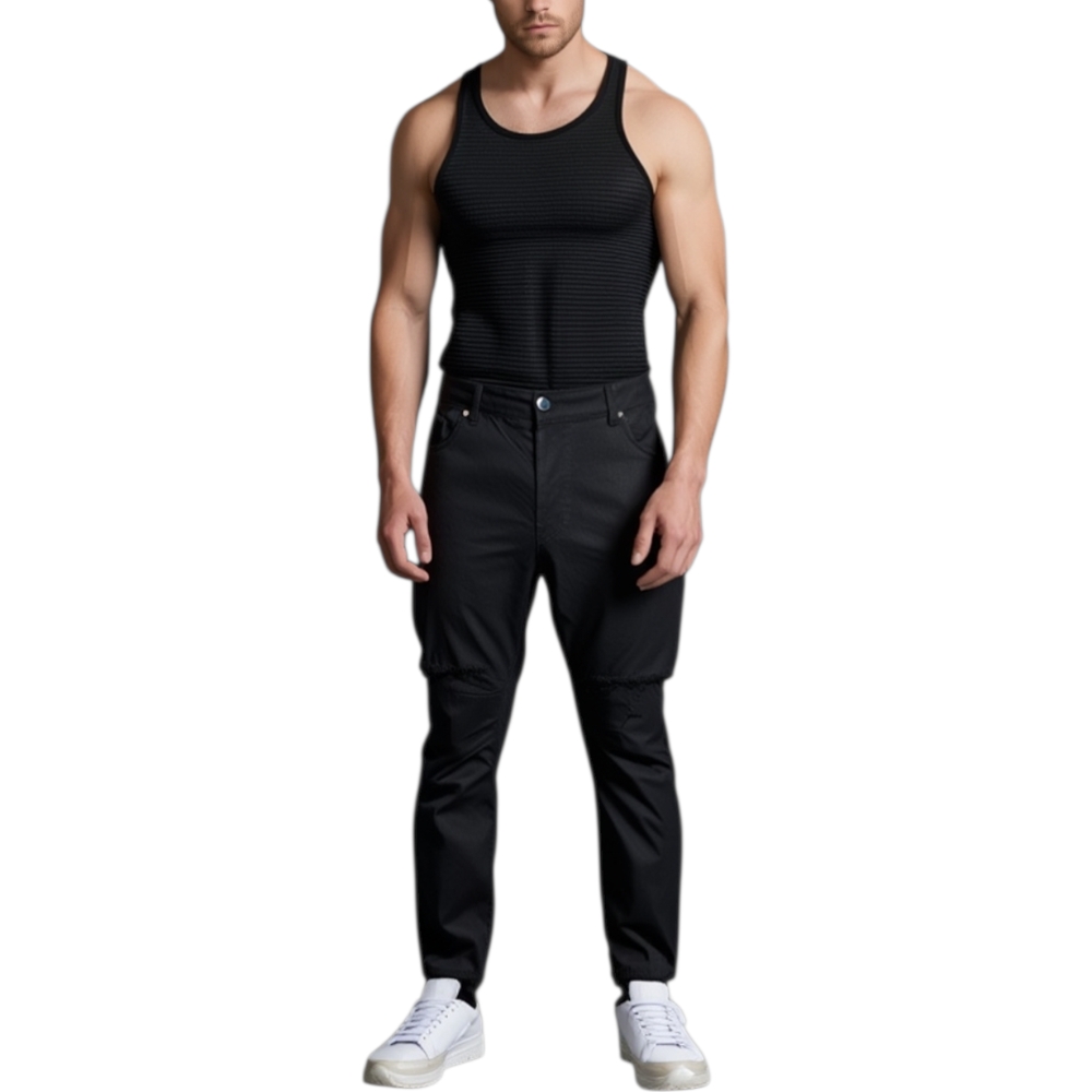 Pantaloni Jeans nero denim biker. Skinny fit.Chiusura con bottoni. strappo moda modello capri.